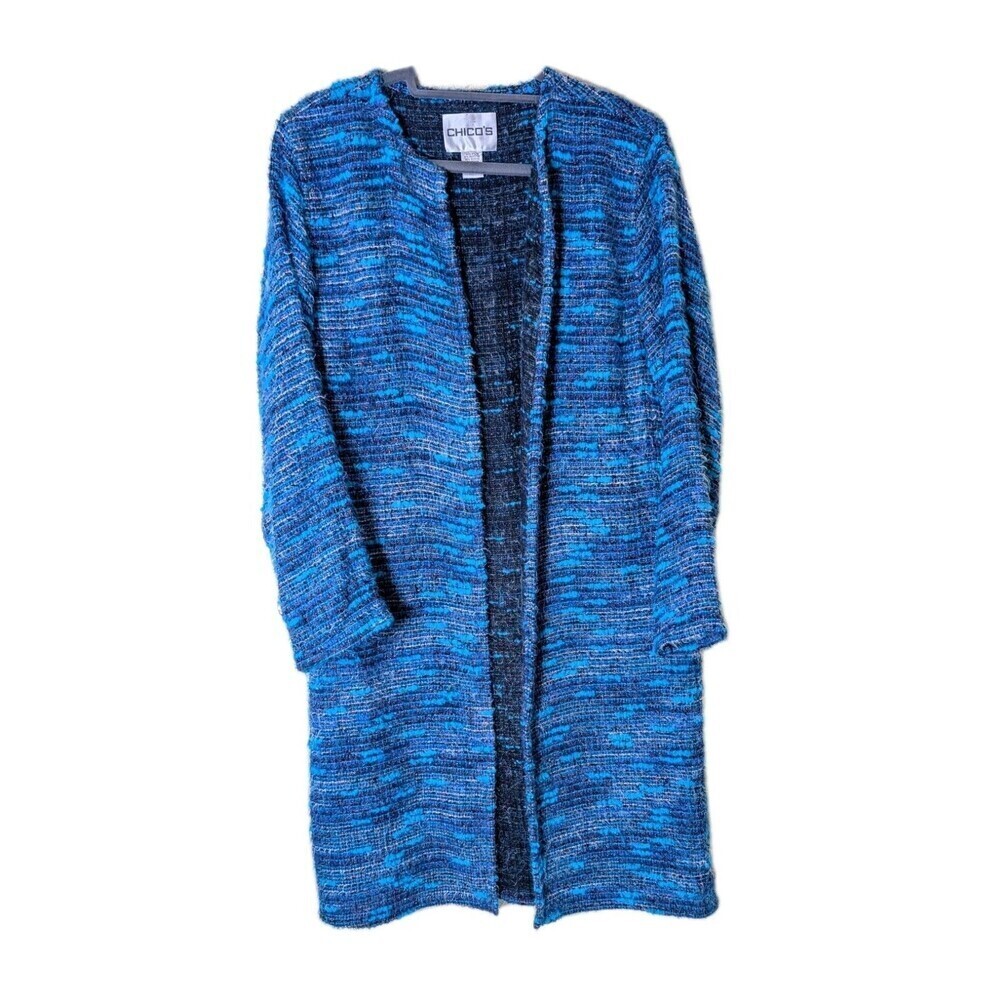 Chico’s Womens Duster Sz 1 US M Blue Open Front Cotton Blend Long Sleeve